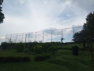A grassy hillside landscape is framed by a high, transparent net fence. The green field, punctuated by shrubs and bushes, slopes upward towards the fence line. The sky above is overcast with patches of blue peeking through the clouds. Trees are present on either side of the frame, adding depth to the scene.