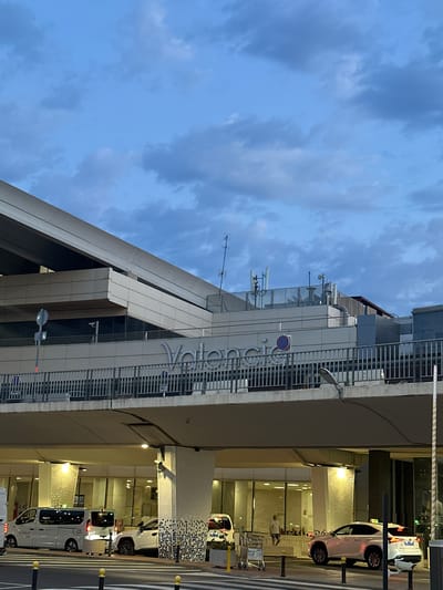 This image depicts the exterior of Valencia Airport (VLC) in Manises, Spain, at dusk. The airport terminal features a modern, multi-level design with large glass windows and a prominent sign reading "Valencia." The sky is a deep blue, partially obscured by scattered clouds. Below the elevated walkway, several vehicles are visible, including a white van, a white SUV, and a white luxury SUV with a taxi sign on its roof. A lone male figure stands near the entrance, and a luggage cart is positioned nearby. The scene is illuminated by artificial lighting from the airport and streetlights. The overall impression is one of a functional, active transportation hub during the transition from day to night.