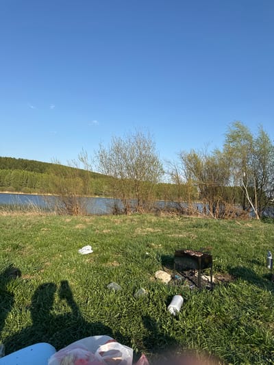 The image depicts a lakeside scene at Tanypskie Kliuchi, Russia. The sky is clear and blue. A body of water runs parallel to a grassy shoreline. Trees line the opposite bank. On the grassy area, there is a charcoal grill, a discarded beverage can, and litter. A shopping bag and a blue container are visible in the corner. The scene conveys an impression of a recreational area that has been left untidy.