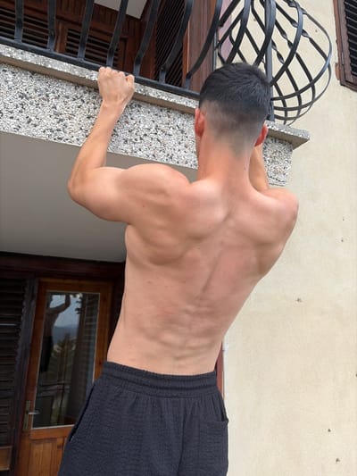A shirtless man with a muscular back and short, faded haircut is performing a pull-up on a balcony railing. He is wearing dark, textured shorts. The railing is made of dark metal and is attached to a textured, light-colored concrete surface. Behind him, a wall painted in a light, earthy tone is visible. To the left, a wooden door with glass panes and a metal handle can be seen, reflecting a window with trees outside, suggesting an outdoor setting. The image appears to be taken during the daytime. The specific location within Vladislavtsi, Bulgaria, is not discernible from the visual information provided in the image.