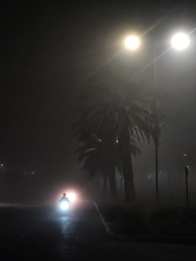 A silhouette of a person riding a motorcycle is illuminated by their headlight, creating a bright glow. They are on a dark, wet road, suggesting it might be raining or has recently rained. Tall palm trees are visible in the background, silhouetted against the dimly lit sky. Two streetlights are also present, their lights diffused by the fog or mist, creating a soft, ethereal ambiance. The overall scene is dark and atmospheric, with limited visibility due to the fog. The location is identified as San Fernando, Chile.