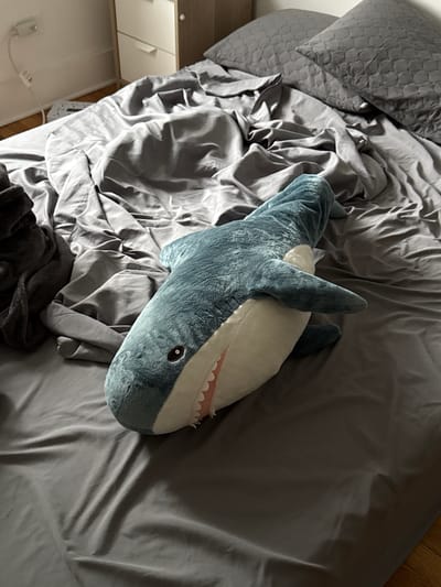 A stuffed blue shark toy lies on a rumpled grey bed. The bed is covered with a grey sheet and there are two grey pillows with a honeycomb pattern on the right side of the image. To the left of the bed, a dark grey blanket is folded. In the background, a white dresser with two drawers is visible. The wall behind the dresser is white and there is an electrical outlet with a white cord plugged into it. The flooring appears to be hardwood. The scene is indoors, likely a bedroom.