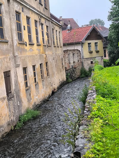 The image depicts a narrow, dark-water stream flowing between two weathered buildings in Kuldīga, Latvia. On the left, a large, dilapidated yellow building with numerous tall, narrow windows, some boarded up, lines the waterway. The plaster is cracked and peeling, revealing brickwork underneath, suggesting significant age and disrepair. To the right of the stream, a stone retaining wall is visible, overgrown with lush green grass and vegetation. Beyond the wall, a smaller, yellow building with a red-tiled roof and two visible windows stands, appearing more intact than its neighbor. In the background, more rooftops and trees are visible, shrouded in a misty, overcast sky. The overall impression is one of a historic, somewhat neglected urban landscape. There are no people or animals visible in the scene. The water in the stream is murky and appears to be flowing at a moderate pace, with small ripples on its surface.