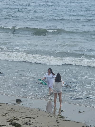 In Fokino, Russia, on a cloudy day, two individuals are wading in the shallow, grey ocean water near a sandy beach. The person on the left, identified as an adult female, is wearing a white dress and holding a green net. The person on the right, identified as a younger female, is wearing a light-colored shirt and shorts. They are both facing away from the camera, towards the sea. The water is moderately choppy with small waves breaking. The beach is covered with sand and scattered clumps of seaweed. A dark, rectangular object is visible in the shallow water near the shoreline. The overall scene depicts a casual outing by the sea.