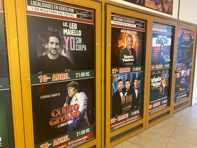 The image depicts the exterior display area of Teatro Canning in Canning, Argentina, featuring four vertical, yellow-brown framed cases affixed to a light-colored wall above a tiled floor. Each case holds event posters.

The leftmost case contains two posters. The upper poster advertises "LIC. LEO MAIELLO YO SIN CULPA" for April 10th at 21:00, displaying a smiling man with dark hair and a beard in a black shirt. The lower poster promotes "FERNANDO SAMARTIN CULTO GITANO – EL FUEGO DE SABINA" for April 18th at 21:00, showing a man with dark hair in a white jacket singing into a microphone.

The second case from the left also holds two posters. The upper poster for "ARTURO PUIG Buenas Palabras" on March 27th at 21:00 features an older man with light hair smiling, set against a background of books. The lower poster, for "HEROE L'ORIGEN" on March 28th at 21:00, shows three men in tuxedos.

The third case from the left displays two posters. The top poster is for "¿POR QUÉ SOMOS ASÍ? GABRIEL CARTANÁ" on March 14th at 21:00, depicting a man with dark hair and a beard looking upwards. The bottom poster advertises "VIUDA & HIJAS" for March 20th at 21:00, featuring five women.

The rightmost case is partially visible and contains a poster titled "ALQUILER SALA TEATRO" listing services, with additional, less discernible images below. All prominent posters include text indicating "LOCALIDADES EN VENTA POR EntradaUno Y EN BOLETERIA DEL TEATRO" and event times at 21:00 HS, often referencing "Teatro Canning" and social media handles. No individuals are present in the immediate scene.