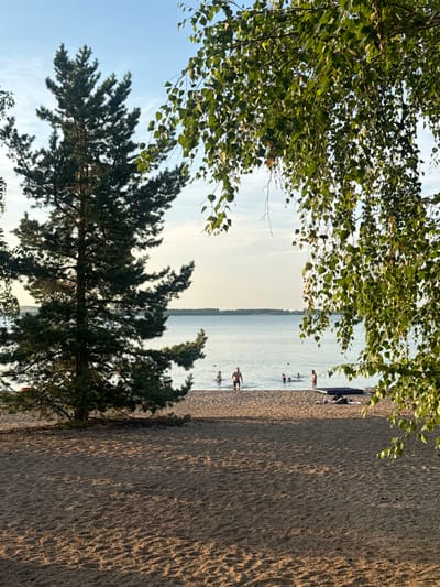 The image depicts a beach scene with a body of water in the background, likely a lake or river. The foreground is dominated by sand, with a large pine tree to the left and branches of a leafy tree hanging into the frame from the top right. Several people are visible in the shallow water, some appearing to be swimming or wading. On the sand, there are some dark objects, possibly bags or towels, and one person partially visible in the water. The sky is clear with some wispy clouds. The lighting suggests it is either early morning or late afternoon, with the sun casting shadows across the sand. The location is identified as Antonov rural district, Kazakhstan.