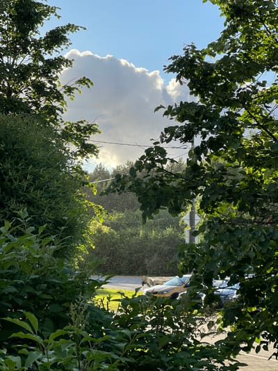 The image depicts an outdoor scene under a bright sky, possibly late afternoon given the lighting. A large, fluffy cloud with a dramatic silhouette dominates the left side of the frame, with sunlight backlighting its edges. Lush green foliage from trees and bushes frames the scene, creating a sense of being immersed in nature.

In the background, a street is visible, with a bright yellow vehicle parked on the side. A person, dressed in light-colored clothing, appears to be standing next to the vehicle, possibly engaged in an activity with water. Fine droplets of water are dispersed in the air, catching the sunlight and creating a shimmering effect. This suggests a sprinkler or someone actively spraying water, perhaps watering plants or washing the vehicle.

The overall atmosphere is serene and natural, with the interplay of sunlight, clouds, and greenery creating a picturesque view. The location appears to be a residential area in Милицейский посёлок, Russia, given the presence of a street, parked vehicle, and residential greenery. There is no visible text in the image.