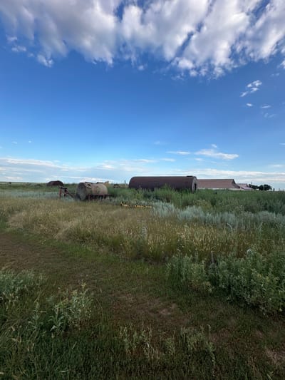 The image depicts an outdoor rural scene under a bright blue sky with scattered white clouds. In the foreground, tall, dry grasses and various green plants cover the ground. Several large, rusty cylindrical tanks are scattered across the landscape, some appearing to be old farm equipment or storage. One tank, positioned prominently in the mid-ground, rests on a metal support structure. Further in the background, several buildings with reddish-brown roofs are visible, suggesting a farmstead or small rural settlement. The overall impression is of an arid, somewhat neglected rural environment. The provided location of Баягиз, Kazakhstan, implies this scene is situated in a steppe or desert-like region.