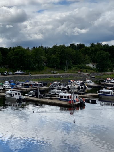 This image shows a marina filled with various boats docked along a wooden pier. The boats are a mix of white and blue, with some featuring red accents. Several of the boats appear to be passenger vessels with enclosed cabins. In the background, a dense green forest lines the shore, with some trees growing on a sloped embankment. A road or path runs along the edge of the forest, and a few buildings are visible nestled within the trees. The water is calm and reflects the sky and boats, indicating a serene atmosphere. The sky is partly cloudy, with a mix of bright white and darker gray clouds, suggesting it is daytime with potentially changing weather. No people are clearly visible in the image, though the presence of boats implies human activity related to boating and a marina. The overall scene depicts a tranquil day at a lakeside or riverside marina in a natural setting, likely in Sortavala, Russia given the provided context. There is no visible text in the image.