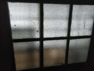 The image depicts a six-pane window, viewed from an interior with dark surroundings. The window is divided by a dark grid into two rows of three rectangular panes. The glass surfaces are obscured by a granular texture and surface accumulation, preventing clear external visibility. Ambient light penetrates the panes, revealing blurred external shapes and varying tones, predominantly grays with hints of beige in the lower sections, indicative of an obscured outdoor environment. Numerous small, dark specks are distributed across the textured glass. No individuals, specific objects beyond the window structure, or discernible actions are present. The scene is located in Sedan, United States.