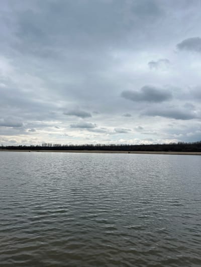 The image depicts an outdoor, natural environment located in the vicinity of the city of Любен, Bulgaria. The scene is dominated by a body of water in the foreground and midground, occupying approximately 60% of the frame from the bottom. The water surface displays consistent small ripples, reflecting a dark grey-green hue under overcast conditions. Above the water, a flat, light brown or tan strip of shoreline stretches across the horizontal plane. Behind this shoreline, a dense, dark line of leafless deciduous trees forms the distant horizon, indicating late autumn, winter, or early spring. The sky, occupying the top 40% of the frame, is entirely overcast with multiple layers of grey clouds, providing uniform, diffused illumination. Two small, indistinct human figures are discernible on the distant shoreline: one is positioned approximately one-third from the left edge of the frame, and another is located further to the right, approximately two-thirds from the left. Both figures appear static; no specific actions or interactions are identifiable due to distance.
