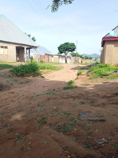 This image depicts a dirt road in a residential area of Gulum, Nigeria, with buildings on either side. The road surface is primarily composed of reddish-brown soil with scattered leaves and debris. On the left, a single-story building with a light-colored corrugated metal roof and concrete block walls is visible. A porch area with wooden supports is present in front of this building. On the right, another building with a similar corrugated metal roof, this one with a red trim, is partially visible. A blue satellite dish is attached to this roof.
Several other structures with corrugated metal fencing and roofing are situated further down the road, suggesting a dense residential environment. A lone, leafy green tree stands towards the middle of the image. In the background, a hilly landscape with more buildings can be seen under a clear, light blue sky. Power lines stretch across the sky, supported by poles. The overall scene conveys a snapshot of daily life in a Nigerian community, with evidence of housing, basic infrastructure, and natural elements.