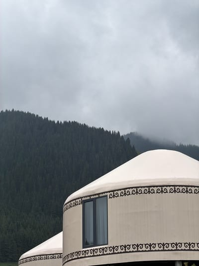 Two white yurts with dark decorative trim are situated in front of a dense, dark green evergreen forest that covers a mountain slope. The sky is overcast and a pale gray, with clouds obscuring the upper portions of the mountains. The yurts appear to be located in a natural setting, likely a resort or glamping site, given their decorative details and the surrounding landscape. The image captures a close-up view of the yurts and the forest, with the sky filling the upper portion of the frame. The yurts are cylindrical with conical roofs, and one of them has a dark-framed window visible. The decorative trim on the yurts features a repeating curvilinear pattern. The location is identified as the city of Kaindy, Kyrgyzstan.