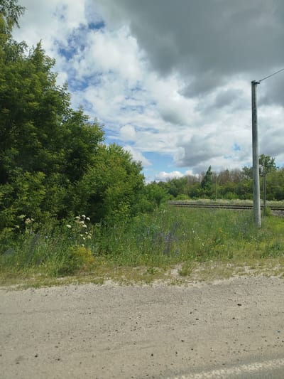 A dirt road runs across the foreground of the image, with a grassy field and trees beyond it. In the background, railroad tracks are visible, with a utility pole on the right side of the frame. The sky is partly cloudy, with dark clouds dominating the upper portion of the image.