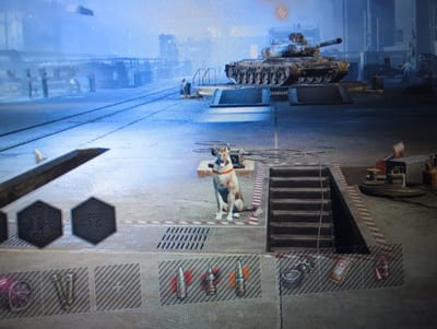 The image depicts a post-apocalyptic urban environment. In the background, a damaged tank sits on a raised platform, suggesting a recent conflict. The city appears desolate, with a muted blue and gray color palette. In the foreground, a dog wearing a red collar sits attentively on a concrete surface marked with caution tape. Below, a row of icons displays various items, including ammunition, tools, and a fire extinguisher, indicating a gameplay interface. The overall scene conveys a sense of survival and resilience in a war-torn setting. The image does not provide any information about the location being Tianya District, China.