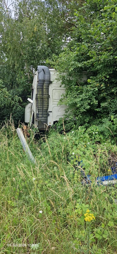 The image shows a light-colored truck cab partially submerged in dense green foliage. The truck appears to have been involved in an accident, as it is lying on its side amidst overgrown vegetation. The front of the truck, including the grille and headlights, is obscured by leaves and branches. The cab's exterior is visible, with a white panel that has vertical lines. The scene is outdoors, with a focus on the truck and the surrounding natural environment. Tall grasses and various plants, some with small white flowers, are abundant. A cluster of bright yellow wildflowers is visible in the middle right of the frame. In the background, part of a blue cylindrical object, possibly a barrel or tank, is visible. The image is oriented vertically, with the truck cab appearing at the top left. The lighting suggests it is daytime, with a slightly overcast sky suggested by the ambient light. There is a timestamp in the lower right corner of the image that reads "01. Juli 2026 17:03". The overall impression is one of neglect and disarray, with nature reclaiming the man-made object.