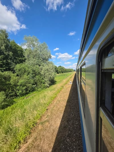 The image is a low-angle shot from inside a train carriage, looking out the window. The train appears to be moving, as indicated by the blurred movement of the landscape. The scene is set in a rural area with lush green trees and fields, under a bright blue sky with scattered white clouds. The sun is shining, casting a shadow from the train onto the tracks and the adjacent field.
The subjects are the train carriage interior, visible at the top of the frame, and the exterior landscape. The landscape features a strip of gravel railway track, followed by a grassy area, and then a dense line of trees. Beyond the trees, the sky is a prominent element, taking up a significant portion of the image.
The activity is travel by train through a natural setting. The time of day appears to be daytime, given the bright sunlight and blue sky. The weather is clear and sunny. There are no visible people in the image, and the primary objects are the train and the natural elements of the environment. The mood is peaceful and serene, evoking a sense of journey and contemplation of nature.
There are no visible text elements in the image. The location context of Жабінкаўскі сельскі Савет, Belarus, suggests a rural setting in Eastern Europe.