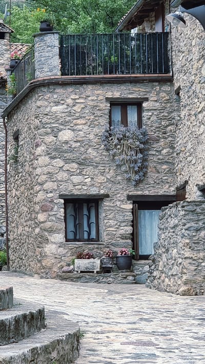 This image captures a charming, weathered stone building with a rustic feel, likely in the historic town of Camprodon, Spain. The building's facade is constructed from an array of irregularly shaped stones, creating a textured and aged appearance. There are multiple windows visible, some with dark wooden frames. One window, situated on the upper level, features a cascading plant with pale blue-green succulents. Below this, another window on the middle level is partially obscured by dark, stylized curtains. At the ground level, a dark wooden-framed window is open, revealing a sheer white curtain. In front of this open window, there are two planters, one rectangular with pink flowers and another round, dark pot also containing pink flowers. The building is set against a backdrop of lush green trees and vegetation. A cobblestone pathway, worn smooth by time, leads up to the building, with stone steps in the foreground. A wrought-iron balcony railing is visible on the upper portion of the building, hinting at a residential or commercial space above. The overall impression is one of a quaint, old-world European setting.
