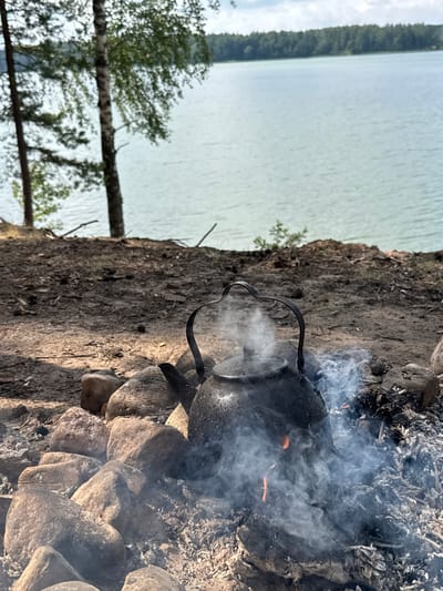 An old, black kettle is placed on a campfire, with steam rising from its spout. The campfire is surrounded by several rocks. In the background, a serene lake stretches out, bordered by a dense forest. The scene appears to be set in a natural, outdoor location, possibly a campsite near Priladozhskoe, Russia, given the presence of birch trees and a lake. The overall mood is one of tranquility and rustic simplicity.