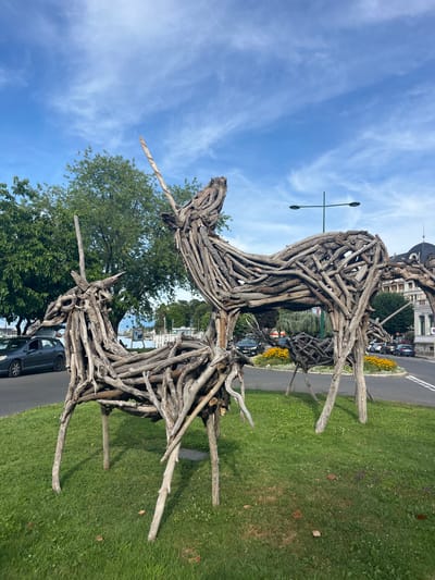 In Évian-les-Bains, France, a park area features two large sculptures of deer made entirely from driftwood, positioned on a grassy lawn. The sculpture in the foreground depicts a smaller deer, possibly a fawn, while the larger sculpture behind it shows a mature deer. Both sculptures are intricately constructed, with numerous pieces of wood forming their bodies, limbs, and heads. A single, prominent branch forms a horn or antler on the head of the larger deer.
Behind the sculptures, a street is visible with several cars parked and driving. Beyond the street, there's a circular garden bed filled with bright yellow flowers, which then gives way to a body of water, likely Lake Geneva, with boats anchored. In the background, trees and buildings can be seen, including a building with a distinctive dome-shaped roof. The sky is a clear blue with scattered white clouds. A street lamp with two lights stands near the larger deer sculpture. The overall scene suggests a public outdoor space, possibly a promenade or park along the waterfront of Évian-les-Bains.