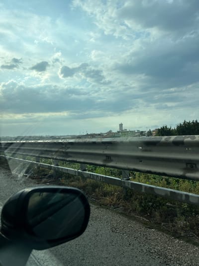 The image captures a view from a vehicle traveling along a road, likely on the outskirts of Barletta, Italy. In the foreground, a side-view mirror of the vehicle is visible on the left, reflecting a distorted view of the surroundings. A metal guardrail runs horizontally across the mid-ground, separating the road from a patch of overgrown vegetation and debris on the right. Beyond the guardrail, a distant urban landscape unfolds, characterized by a collection of buildings and structures. Notably, a tall, light-colored tower stands out against the skyline. The sky above is filled with a mixture of dark and light clouds, suggesting overcast or partly cloudy weather. The overall impression is one of a typical roadside scene in a semi-urban or industrial area.