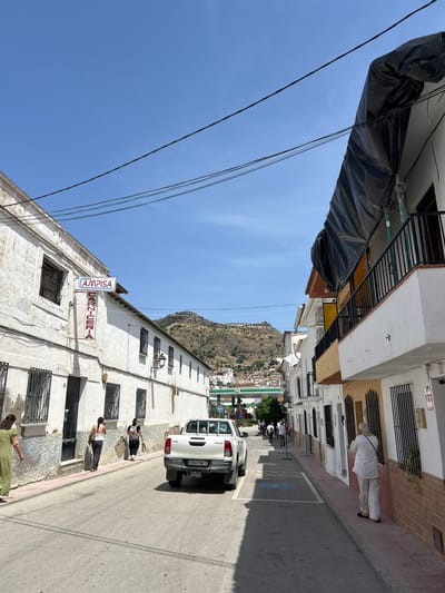 The image captures a street scene in Pizarra, Spain, under a clear blue sky. The street is lined with buildings on both sides, featuring whitewashed facades and barred windows, typical of Andalusian architecture. On the left, a building displays a sign that reads "AMPISA CARNICERIA," indicating a butcher shop. Several people are visible walking along the sidewalk. A white Toyota Hilux pickup truck is parked on the right side of the street. In the background, a gas station with green and white signage is visible, and beyond that, rolling hills with scattered vegetation and a structure on the summit. The street appears to be a commercial area with residential units above the shops. The lighting suggests it is daytime, likely mid-morning or afternoon, with distinct shadows cast by the buildings and people.