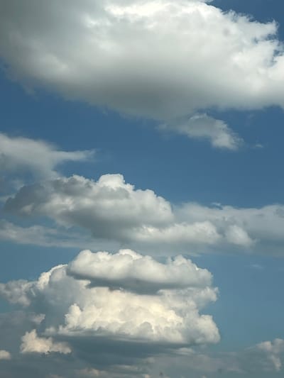 This is a vertical, medium-shot photograph of a sky filled with cumulus clouds. The sky is a clear, bright blue, suggesting daytime. The clouds are predominantly white and fluffy, but some exhibit gray shading, indicating their density and potential for rain.

The image appears to be taken from a low angle, looking upwards at the sky. The clouds are diverse in shape and size, with some large, billowy formations dominating the scene. The lighting suggests a sunny day, with bright highlights on the cloud edges and softer shadows in their depths.

There are no people or man-made objects visible in the frame. The setting is simply the sky and clouds, offering no specific location cues beyond what can be inferred from the weather and time of day. The overall mood is serene and expansive, typical of a pleasant day with varied cloud formations. No text is visible in the image.
