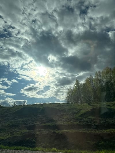 The image shows a view of the sky with clouds, a line of trees, and a grassy hillside. The sun is visible through the clouds. The photo may be taken from the town of Bol'shaya Sosnova in Russia due to the request that information about the location be included. However, this cannot be confirmed from visual information alone.