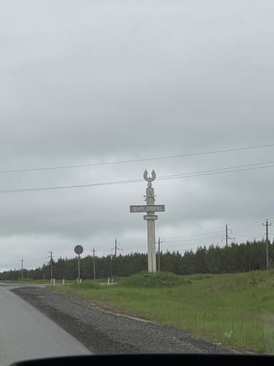 A roadside scene captured on an overcast day in Alnashi, Russia, shows a unique monument next to a paved road with a gravel shoulder. The sky is uniformly grey, indicating cloudy weather.
The primary subject is a tall, light-colored monument or sign. At its apex, there is a large, metallic crescent wrench shape. Below this, the monument features several rectangular panels. The most prominent visible text on one of these panels is "ШУӞ ӦРЧЕС" (Shuzh Orches), written in Cyrillic script. Below this, another panel repeats "ШУӞ" (Shuzh), with further text below it that is partially obscured and difficult to read due to blur and angle. This text is in the Udmurt language, consistent with the Alnashi location in the Udmurt Republic.
To the right of the monument, extending into the distance, is a row of power lines supported by wooden poles. A dense line of green trees or shrubs forms a natural border behind the road and monument. Further down the road, another circular road sign is visible, though its specific markings are indistinguishable. The foreground shows green grass leading to the treeline. No people or active events are depicted, presenting a static landscape view.
