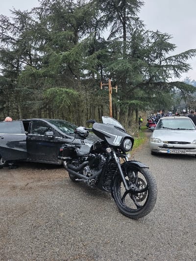 The scene depicts an outdoor gathering in Chargan, Bulgaria, on a paved surface adjacent to a densely wooded area. In the immediate foreground, a black, customized motorcycle with a front fairing, single headlight, black multi-spoke wheels, and black saddlebags is parked. To the left of the motorcycle, a dark-colored sedan or minivan has its front driver's side door open, revealing the top of a bald person's head within the vehicle. To the right, slightly behind the motorcycle, a silver two-door Ford Escort hatchback is parked facing the viewer, displaying Bulgarian license plate C 5237 BB. The background is dominated by numerous tall coniferous trees, likely cedars, with a weathered wooden utility pole featuring two cross-arms visible amidst them. Further to the right in the background, multiple individuals and several additional motorcycles are parked on a grassy or dirt patch; one person is partially visible wearing a high-visibility yellow vest. The sky is overcast, and the ground is a dark gray, granular paved surface.