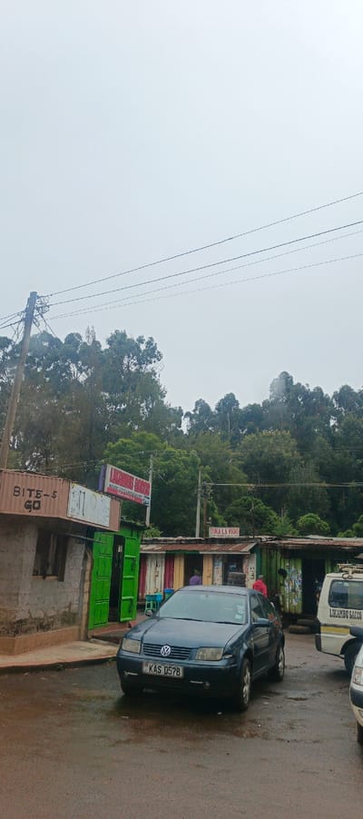 A wet street scene in a rural area is depicted. Small shops, some with signs, line the roadside. The storefronts appear to be made from corrugated metal. A blue Volkswagen sedan is parked in the street. Another white van with "Likambu SACCO" printed is parked behind. Trees and electrical wires fill the background. The sky is overcast.