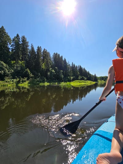An over-the-shoulder view shows a person on a blue paddleboard paddling on a calm, dark river. The person, wearing an orange life vest and a visor, is facing away from the camera and towards the river's bend. The right side of the paddleboard is visible, along with the person's right leg and bare foot. The river's surface reflects the lush green trees and clear blue sky, creating a serene natural landscape. The sun is high in the sky, casting a bright glare and its reflection on the water. The scene appears to be in a natural, possibly forested, area. The precise location in Voinskaya Chast' Mchs, Russia, is not identifiable from the image.