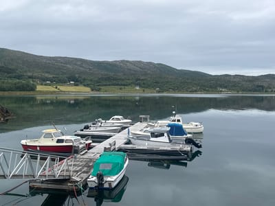 This image captures a serene waterfront scene in Storjord i Tysfjord, Norway. The foreground features a wooden dock extending into calm, reflective water, where several boats are moored. A prominent red and white motorboat is docked on the left, attached to a metal gangway. Further along the dock, other white motorboats, some with blue covers, are visible. In the background, a lush green hillside slopes down towards the water, dotted with scattered houses and trees. The sky above is overcast with soft, grey clouds. The overall atmosphere is tranquil and quiet, suggesting a peaceful day in this Norwegian locale.