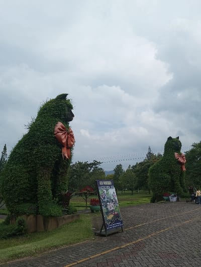 Two large cat topiary sculptures with coral-colored bows stand in a park. The cats are covered in dense green foliage, positioned on either side of a brick pathway. A sign stands nearby, displaying images of recreational vehicles and text. Trees and grassy areas fill the background under a cloudy sky. A few people are visible in the distance.