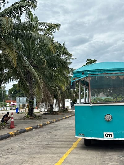 In Tambon Don Sak, Thailand, a person wearing a black t-shirt and shorts is crouching on the ground next to an orange traffic cone. The person appears to be looking at a mobile phone. To the right of the person is a turquoise-colored vehicle with the number "011" displayed on a white license plate. The vehicle has a round headlight and what appears to be a mirrored side view attached to the top left. The ground is a concrete surface with yellow and black painted curbs. Several palm trees are visible in the background. The sky is overcast with clouds. In the distance, there are buildings and some vegetation.