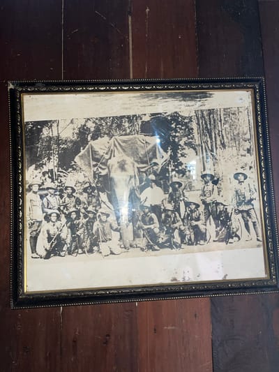 The image is a black and white photograph framed with a decorative black and gold border, displayed against a background of dark wooden planks. The photograph itself depicts a group of approximately 20 individuals, primarily men, posing with what appears to be an elephant covered by a large tarp. The people are dressed in what seem to be military or safari attire, including hats and long-sleeved shirts and pants. Many of the men are holding rifles or spears. They are arranged in rows, with some standing and others kneeling. The elephant is a prominent subject, positioned behind the group. The background suggests an outdoor environment, likely a jungle or forested area, with trees visible. The overall scene conveys an expeditionary or colonial context.