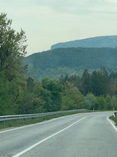 This image captures a scenic view of a road winding through a densely forested, mountainous landscape, likely in Dobrinovo, Bulgaria. The perspective is from a vehicle or the immediate roadside, looking forward along the asphalt road.
On the right side of the frame, the grey asphalt road features clear white markings: a solid line along the edge and a dashed line closer to the center, suggesting a two-lane road or a central divider. The road surface appears slightly damp, indicating recent rain or high humidity. A metal guardrail runs parallel to the road on the left, separating it from the surrounding terrain.
Beyond the guardrail, a lush, verdant forest covers rolling hills and mountains that extend far into the background. Multiple layers of hills are discernible, with those further away appearing progressively hazier and bluer, a natural effect of atmospheric perspective. The dense foliage consists primarily of green trees, suggesting a spring or summer season. The sky is overcast, a soft, pale grey-blue, providing diffused lighting that eliminates harsh shadows across the landscape.
No people or vehicles are visible, emphasizing the tranquility and natural beauty of the remote setting. The scene evokes a sense of peaceful travel through a pristine environment. There is no visible text in the image.