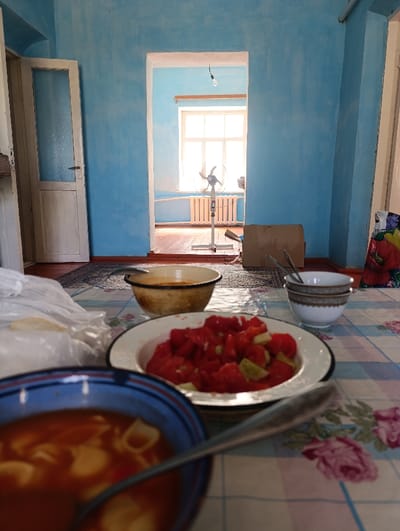 This image depicts an interior scene within a domestic dwelling in Turkestan, Kazakhstan. The foreground shows a dining table draped with a light-colored, pink floral plaid tablecloth. A blue ceramic bowl, rimmed darker, holds an orange-red soup containing shell pasta, with a silver spoon immersed. To its right, a white enamel plate with a dark rim presents a salad of diced red tomatoes and green cucumber pieces. A small, light-colored bowl with a spoon and a stack of two white ceramic bowls with a decorative band are positioned further back on the table. A clear plastic bag containing bread is visible on the left. In the midground, a wide, white-trimmed doorway connects to a brighter room. To the left of the doorway, a partially open white wooden door with a glass panel is present. The walls in both rooms are painted a light blue. The background room is illuminated by bright daylight streaming through a large, multipane window. Below the window, a white radiator is installed. A white freestanding pedestal fan with visibly spinning blades is centered in the background room, and a single bare lightbulb hangs from the ceiling. A dark brown cardboard box rests on the floor to the right of the doorway. A patterned rug covers the floor in the foreground room, while the background room has a darker wooden or linoleum floor.