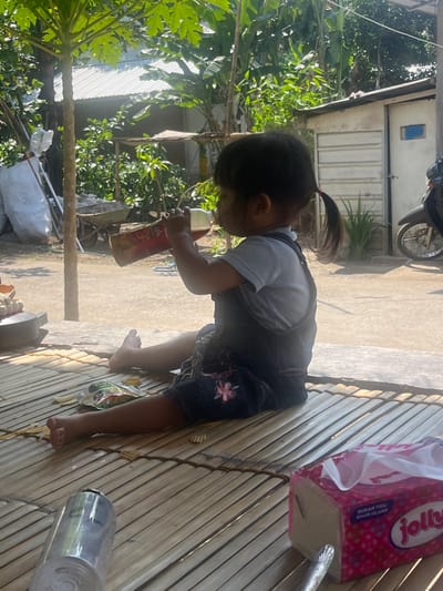A young child, observed in profile facing right, sits barefoot on a bamboo slatted mat in an outdoor or semi-outdoor setting in Desa Batu Layar, Indonesia. The child, with dark hair tied in two pigtails, wears a grey short-sleeved shirt and blue denim overalls or shorts with a pink floral embroidery on the right leg. The child holds a brown glass bottle with a red label to their mouth, appearing to drink from it.
Near the child's left leg, an open bag of ridged potato chips lies on the mat, with several chips scattered around it. In the lower left foreground, a clear plastic bottle rests on the mat. In the lower right foreground, a pink and white "Jolly" brand tissue box is visible, with the handle of a metal utensil resting on its top.
The background reveals a sunlit unpaved or dirt ground area. Lush green vegetation, including a visible papaya tree trunk on the left and banana trees in the mid-ground, indicates a tropical environment. Behind the foliage, a structure with a grey corrugated metal roof is partially visible. Further right, a small, white, possibly corrugated metal building or shed with a blue-framed window and a closed door stands. A dark-colored motorcycle is parked partially visible behind this building on the far right. A wheelbarrow is visible in the mid-left background, partially obscured by foliage.
