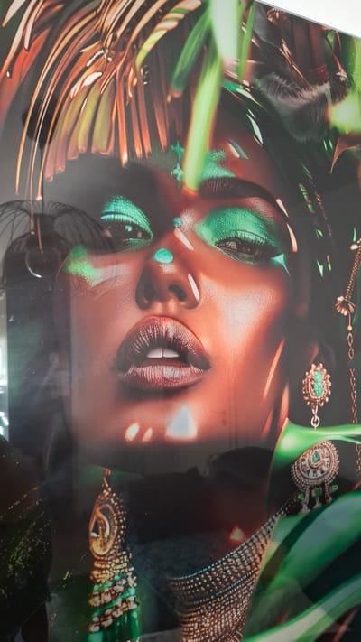 The image is a close-up, studio portrait of a woman with dramatic makeup. She has vibrant green eyeshadow that extends to her eyebrows and under her eyes, and a turquoise gem on her forehead. Her lips are dark and glossy, and her skin has a warm, bronzed tone with highlights and shadows. She is adorned with intricate gold jewelry, including dangling earrings with green stones and a layered necklace with similar embellishments. The background is dark and out of focus, with hints of green foliage and possibly feathers. There are some reflective or transparent elements in the foreground, obscuring parts of the image.
The image is a photograph, likely of a painting or print, displayed within a frame. The overall aesthetic suggests a stylized and artistic representation, possibly for fashion or editorial purposes.
There is no discernible information in the image to place it in the city of Buchen (Odenwald), Germany.
