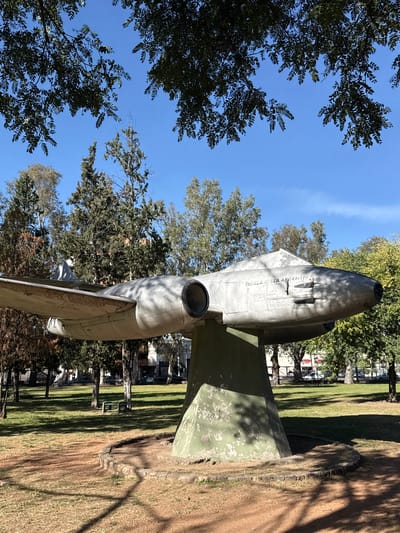 The image shows the tail section and fuselage of a gray military jet aircraft on display in a park. The aircraft is mounted on a green-painted platform. Text on the side of the plane reads "FUERZA AEREA ARGENTINA" (Argentine Air Force). Trees surround the display, and the sky is blue. The ground around the platform is a mixture of grass and dirt. In the background, buildings and parked cars are visible. The location is likely the Plaza de la Fuerzas Armadas in Salta, Argentina, where a similar aircraft is on display. There are no people in the immediate foreground. The photograph is oriented vertically.
