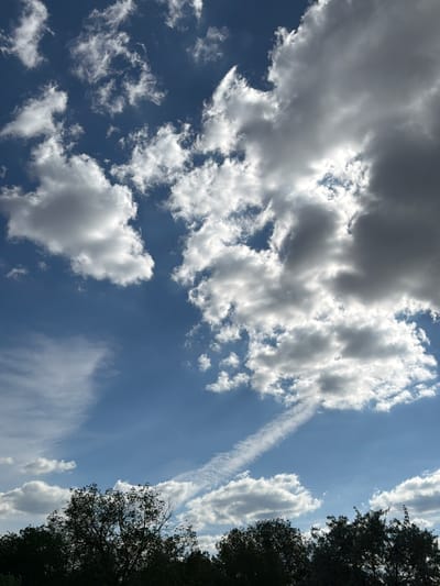The image captures a daytime sky, with patches of blue interspersed amongst a variety of clouds. The clouds range in color from light gray to bright white. A thin contrail extends vertically across the frame, bisecting the blue sky. In the right edge of the frame, dark green tree foliage is visible. No people, objects, or actions are discernible. The location is Taraclia, Moldova.