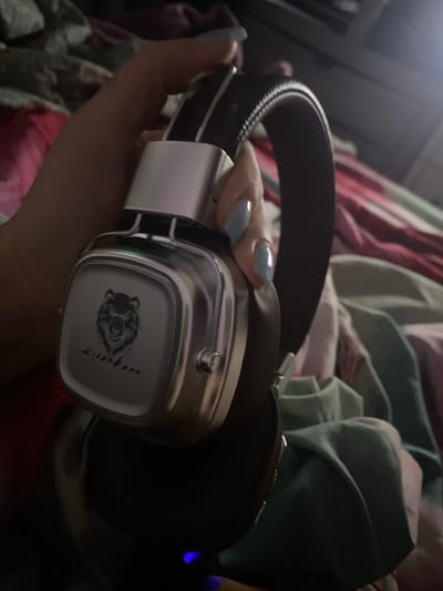 The image captures a close-up view of a person's hand holding a pair of over-ear headphones in a dimly lit indoor setting. The hand is visible from the fingers to the wrist, with fingernails painted in a pale blue or lavender shade.

The headphones are a prominent subject, featuring a dark brown or black padded headband and earcups. The outer casing of the earcups is made of a silver or metallic material, giving them a sleek appearance. On the visible earcup, there is a distinct logo: a detailed, stylized drawing of a bear's head. To the right of the bear logo, faint text is visible, which appears to read "Lilith BEAR". A small, glowing blue light can be seen on the right side of the headphones, suggesting they are powered on or connected.

The background is out of focus and consists of rumpled fabrics in shades of red, pink, green, and dark grey, indicative of a bed or soft furnishings. The overall lighting is low, suggesting it is evening or night. No specific activity beyond holding the headphones is evident. The location is an indoor space, consistent with a bedroom or living area in Verkhnevesyoloye, Russia, based on the provided context. No emotions are discernible.