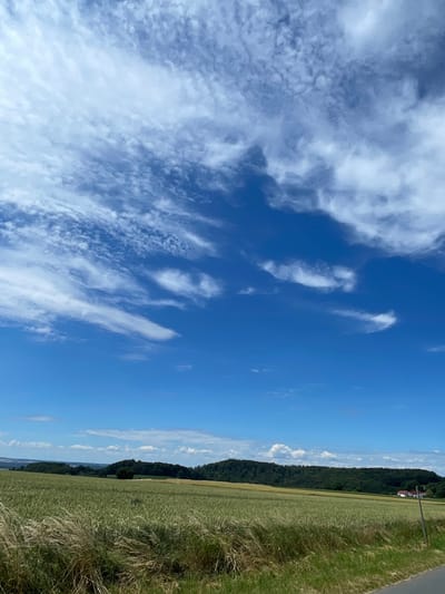 An outdoor, vertical shot captures a vast expanse of a bright blue sky filled with wispy white clouds. Below, a verdant landscape unfolds with rolling hills covered in dense green forest. In the foreground, a field of tall, golden grass sways gently, bordering a cultivated field of light green crops that stretches towards the distant tree line. A small white house with a red roof is visible nestled among the trees on the right side of the frame. The scene depicts a serene rural setting, likely in Christerode, Germany, under a clear, cloud-dotted sky.