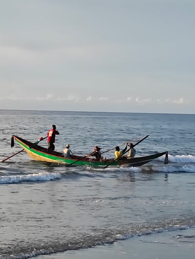 A long, narrow boat with a green and yellow hull navigates gentle waves near the shore. The boat is occupied by four individuals. One person in a red shirt stands near the front of the boat, holding an oar. Two people are seated in the middle of the boat, one wearing a light-colored cap, and another in a yellow shirt. The fourth person, at the back of the boat, is also seated. The boat is equipped with at least two oars. The water is calm with small waves breaking near the beach. The sky is overcast with pale clouds. The scene suggests a fishing or transportation activity in a coastal area of Uleekareung, Indonesia.