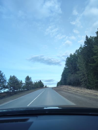 The image depicts a road traveling uphill in a rural area. On either side of the asphalt road are rows of evergreen trees. The road is marked with a white dividing line. The sky is partly cloudy. The image appears to have been taken from inside a vehicle, with the dashboard visible at the bottom of the frame. The location is specified as being in Bashur, Russia, although there are no distinguishing characteristics in the image that confirm this location. There are no people visible in the frame.