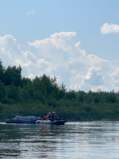 In a tranquil, sunlit scene, a small, inflatable boat navigates a calm body of water, its surface rippling under a bright blue sky dotted with fluffy white clouds. The boat, dark and sleek, carries three individuals. Two people in the middle are wearing bright orange life vests, indicating a measure of caution. One is looking forward, while the other appears to be looking to the side. A third person, further back in the boat, wears a light-colored hat and is also looking forward. The boat itself has a dark tarp covering a significant portion of its interior, obscuring whatever might be underneath. The water is reflective, mirroring the dappled light and the distant, lush green foliage that lines the shore. This dense wall of trees and reeds forms a natural barrier, suggesting a remote or undeveloped area. The overall impression is one of a peaceful excursion or an official activity taking place in a natural environment, possibly along the banks of a river or a lake in the vicinity of Нежинка, Russia.