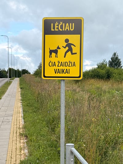 A black and yellow sign, mounted on a metal pole, is positioned on the right side of a paved sidewalk in Aukštieji Rusokai, Lithuania. The sign features the Lithuanian text "LĖČIAU" at the top, meaning "Slowly". Below, two black silhouette icons are depicted: a dog on the left and a running person on the right. Underneath the icons, the text reads "ČIA ŽAIDŽIA VAIKAI", which translates to "Children play here". The sidewalk is bordered by a yellow tactile paving strip and then a grassy embankment with tall weeds and scattered wildflowers. In the background, several streetlights line the road, and a dense cluster of trees and foliage is visible. The sky is overcast with scattered clouds.