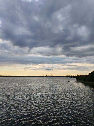 This image depicts a wide, calm body of water, likely a river or bay, under a dramatic, overcast sky. The water's surface is gently rippled, reflecting the muted light. In the distance, a low-lying shoreline is visible, characterized by dark green trees and foliage. On the far horizon, there are hints of industrial structures, possibly cranes or other port equipment, suggesting proximity to a port or industrial area within or near Shalsky, Russia. The overall atmosphere is subdued and somewhat moody, characteristic of a cloudy day. No people or specific actions are depicted, focusing instead on the landscape and atmospheric conditions.