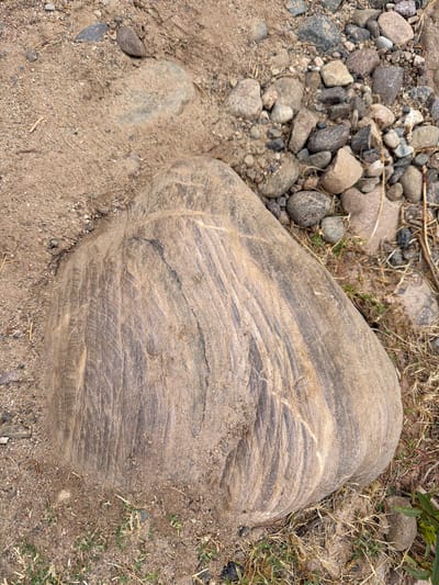 A large, smooth, rounded boulder with visible striations and variations in color, primarily tans and grays, sits on sandy soil. The ground around the boulder is composed of sand, small pebbles, and dry grass. To the right and upper right of the boulder, there is a dense collection of smaller, angular rocks of various colors including gray, brown, and pinkish-red. A few blades of green grass are visible in the lower part of the image. The scene appears to be an outdoor environment, likely a natural setting within the city of Lake Forest, United States of America, given the provided context. No people or animals are present in the image, and no actions are depicted.